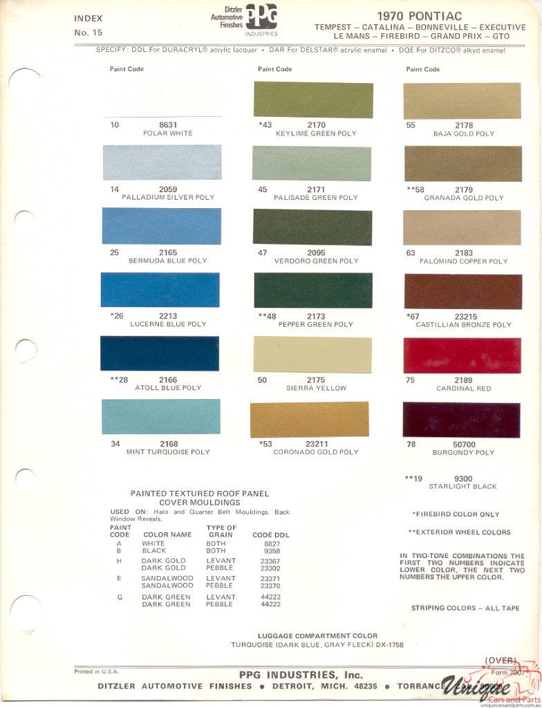 1970 Pontiac Paint Charts PPG 1